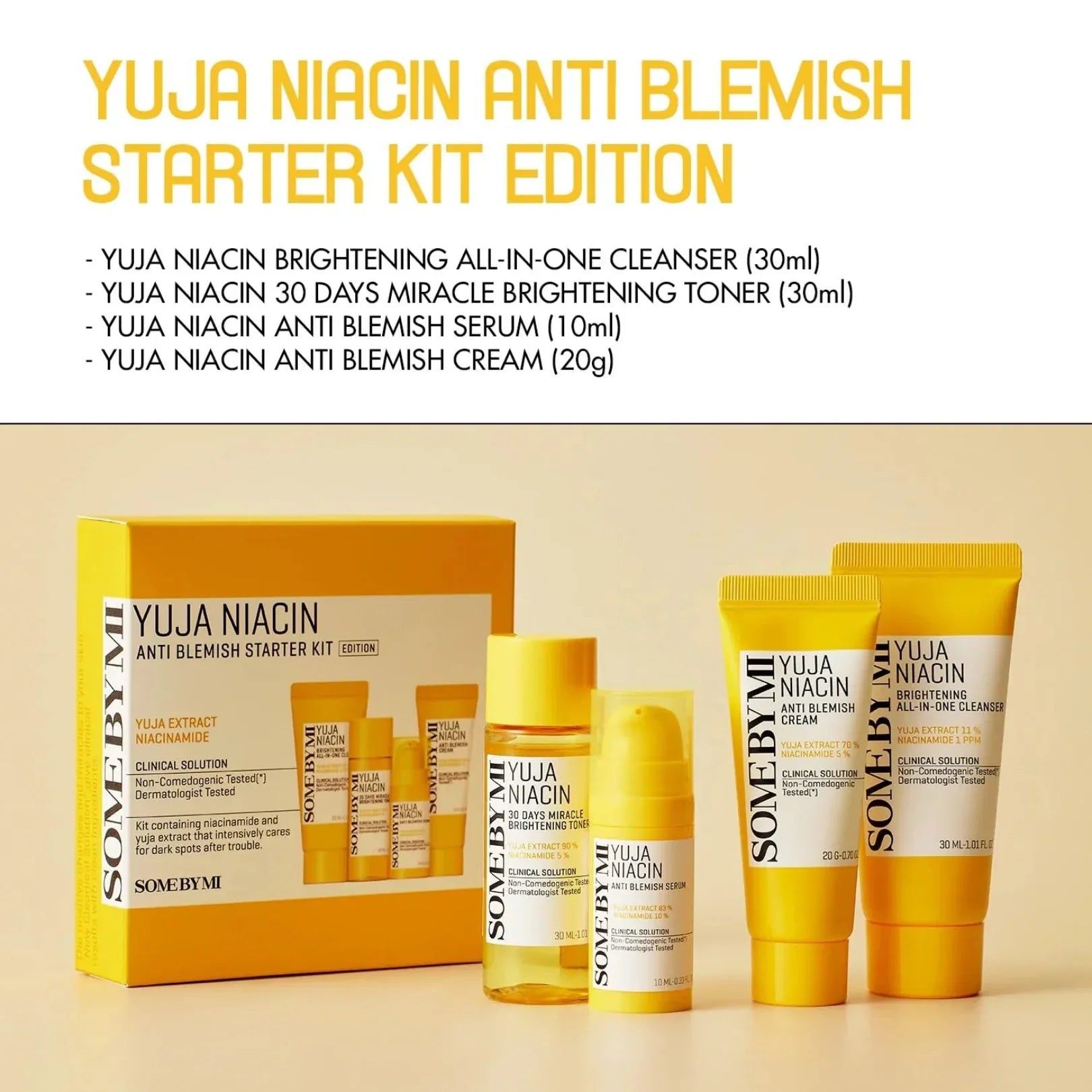 SOME BY MI - Yuja Niacin Anti Blemish Starter Kit | Includes Cleanser (30ml), Toner (30ml), Anti Blemish Serum( 10ml), and Anti Blemish Cream (20g) - Doorderma